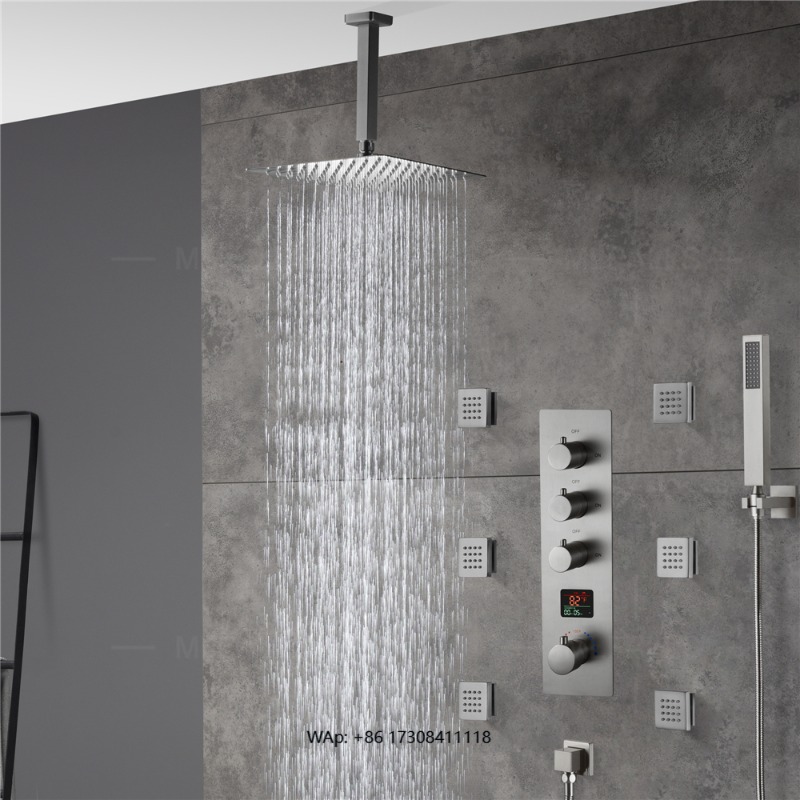 Concealed Thermostatic Shower System Set - Luxury Brushed Nickel Bathroom Thermostatic Shower