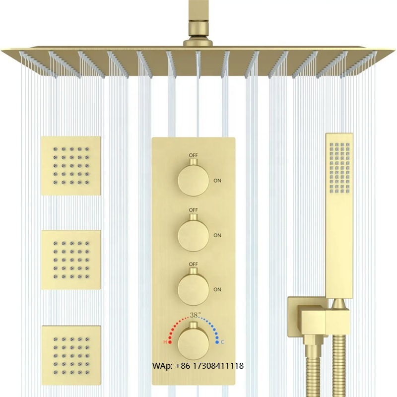 Concealed Thermostatic Shower System Set - Brushed gold 16 inch concealed thermostatic