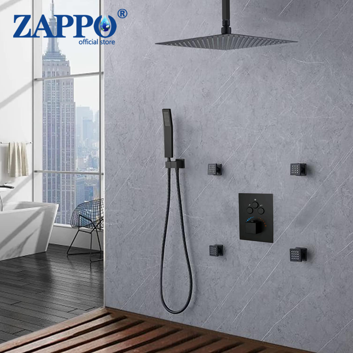Thermostatic Shower Faucet Valve 3 Way - ZAPPO Thermostatic Shower System Black 10