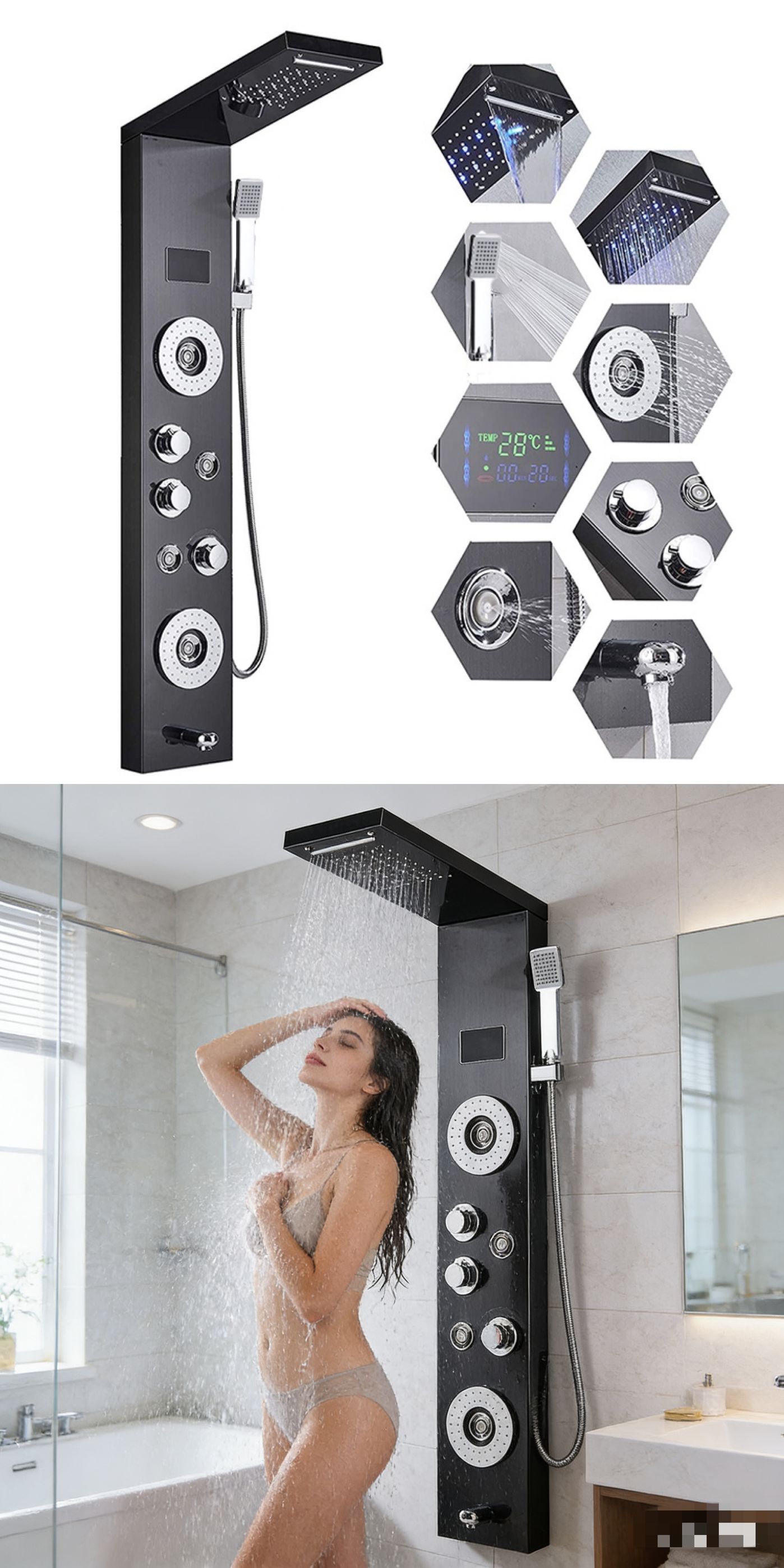 LED Digital Display Shower Pan - огляд і ціна Led Rainfall Shower Head Waterfall