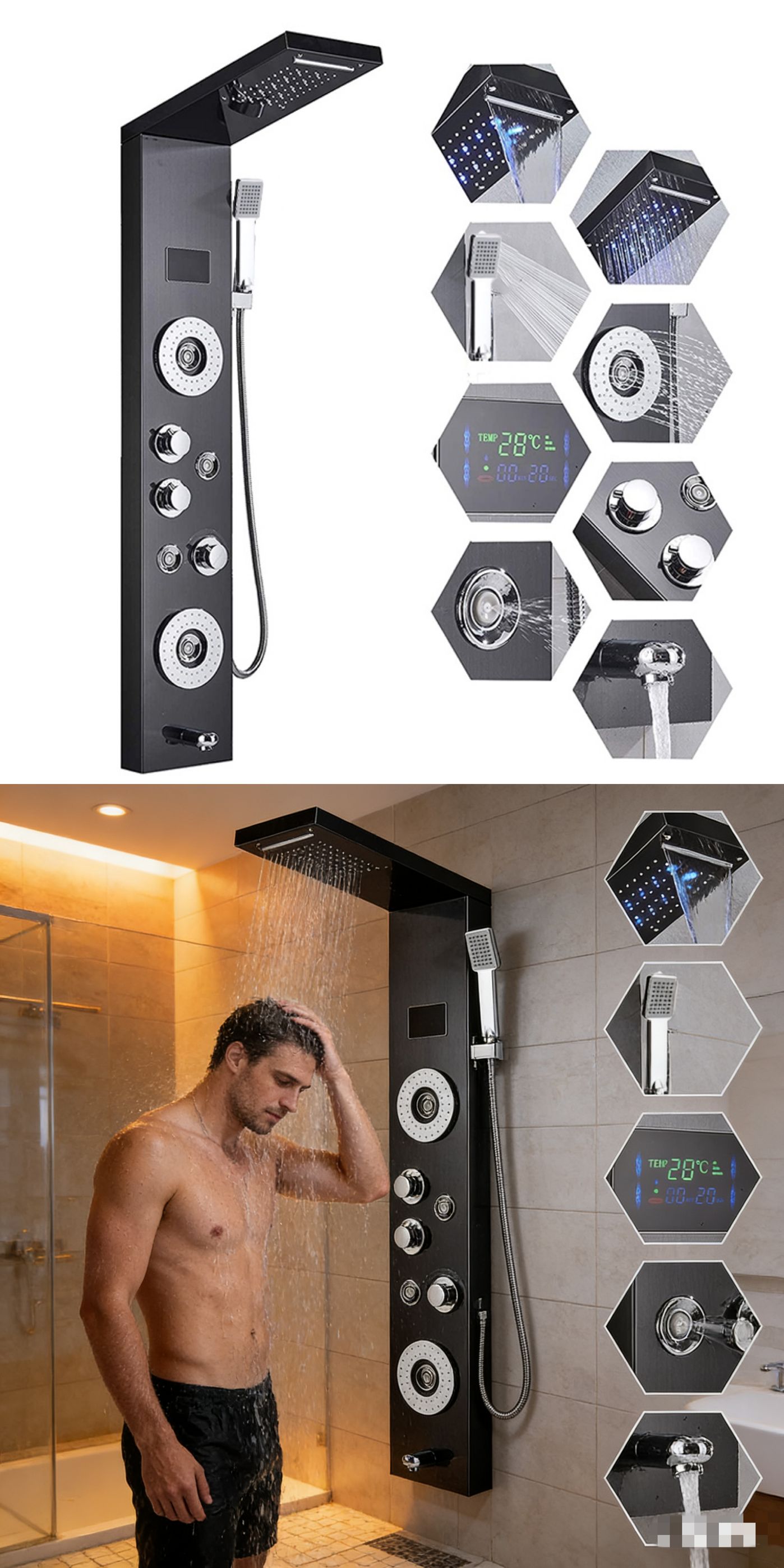 LED Digital Display Shower Pan - огляд і ціна Led Rainfall Shower Head Waterfall